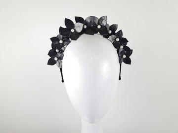 For Sale: Black & White Leather Floral Crown Headband - Ariel