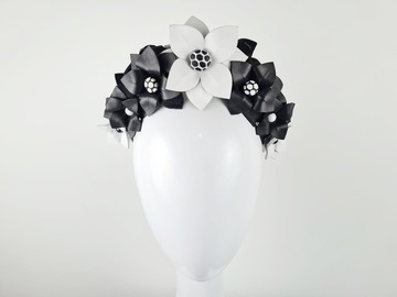 For Sale: Black & White Floral Leather Headband Fascinator - Adele