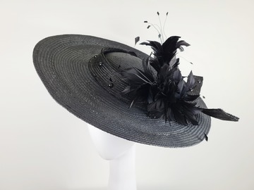 For Sale: Black Ladies Wide Brimmed Straw Fascinator Hat - Paige