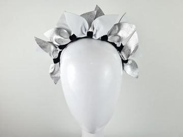 For Sale: White, Silver & Black Leather Headband Fascinator - Miranda