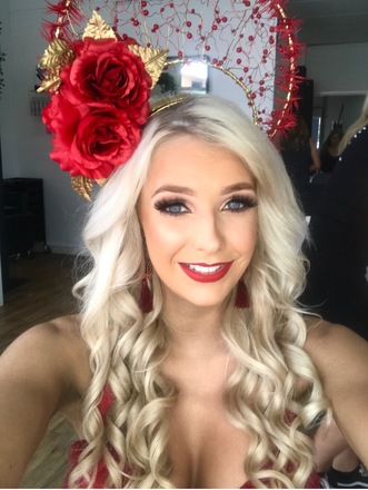 Gold Halo Crown with Red Roses, beading and feathers