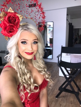 Gold Halo Crown with Red Roses, beading and feathers