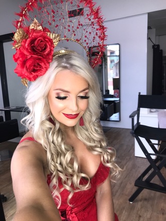 Gold Halo Crown with Red Roses, beading and feathers