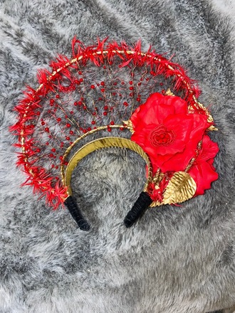 Gold Halo Crown with Red Roses, beading and feathers