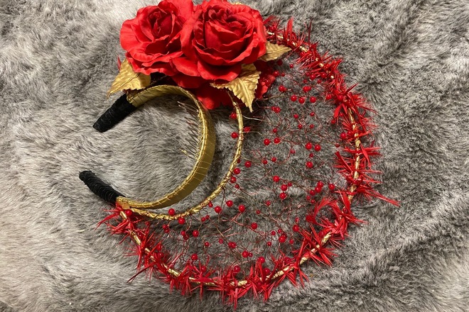 Gold Halo Crown with Red Roses, beading and feathers