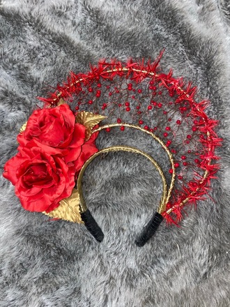 Gold Halo Crown with Red Roses, beading and feathers