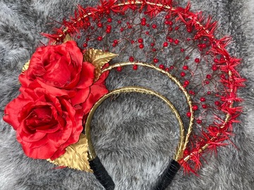 For Rent: Gold Halo Crown with Red Roses, beading and feathers