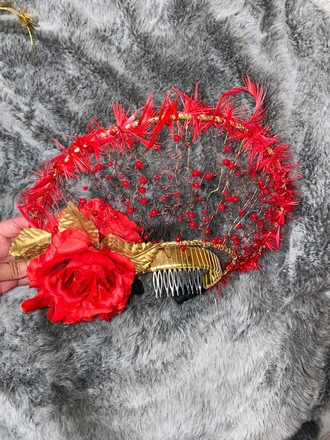 Gold Halo Crown with Red Roses, beading and feathers