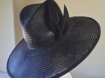 For Rent: M Brim Black Buntal Straw Fedora with Crepe Origami Trim