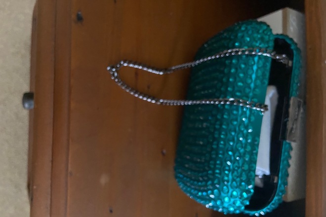Olga Berg teal glitter beaded clutch 
