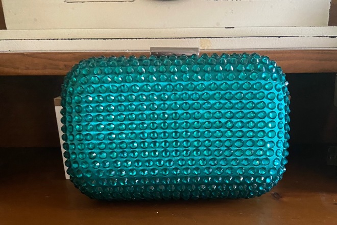 Olga Berg teal glitter beaded clutch 