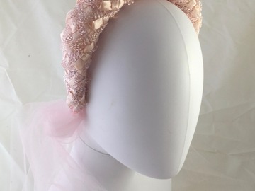 For Rent: Vintage Racello Straw Braid Headband Tulle Ties Pale Pink