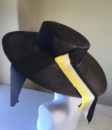XLG Brim Buntal Straw Boater Dark Navy Multi Ribbon Trim