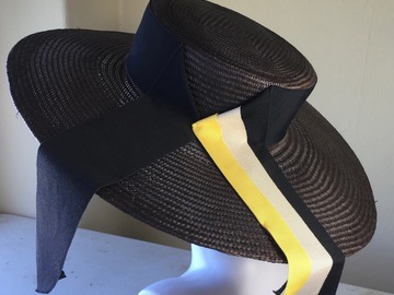 For Rent: XLG Brim Buntal Straw Boater Dark Navy Multi Ribbon Trim