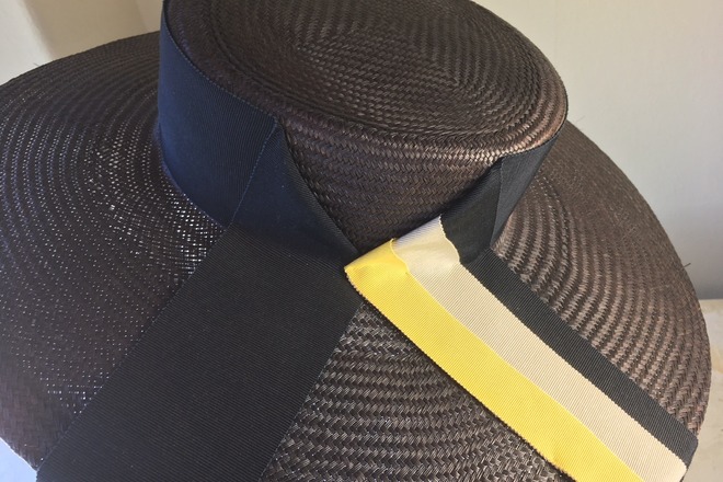 XLG Brim Buntal Straw Boater Dark Navy Multi Ribbon Trim