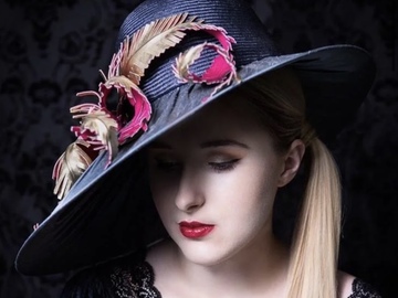 For Sale: Lifted Millinery Silk Wide Brim Hat w Feathers