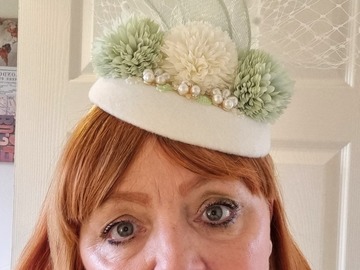 For Sale: Ivory and mint wool button, flower hatinator