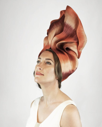 Multicoloured orange cream turban by Meghan Briton