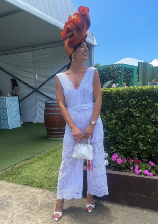Multicoloured orange cream turban by Meghan Briton