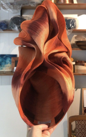 Multicoloured orange cream turban by Meghan Briton