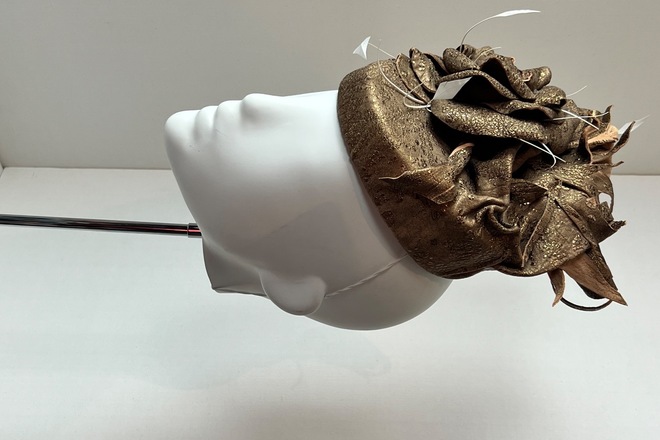 Gold leather pillbox with handmade leather flower