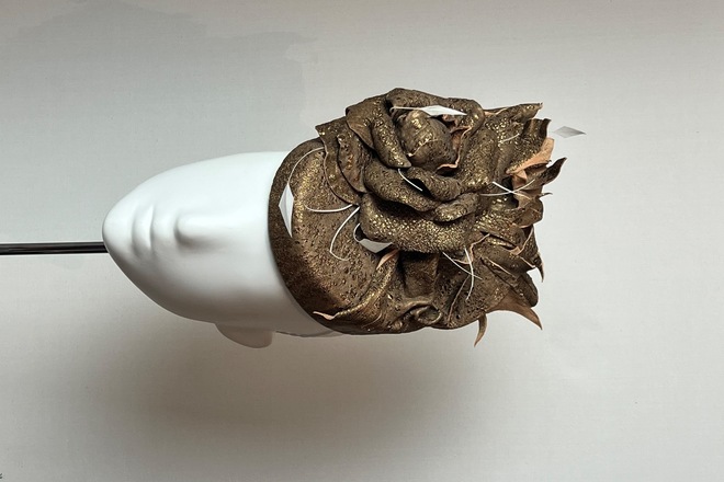 Gold leather pillbox with handmade leather flower
