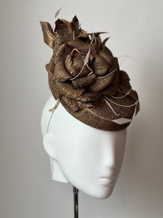 Gold leather pillbox with handmade leather flower