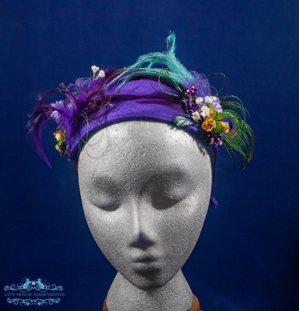 Purple & Gold, Feathered and Flowered Headband