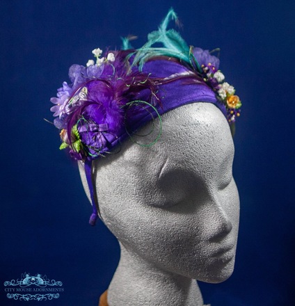 Purple & Gold, Feathered and Flowered Headband