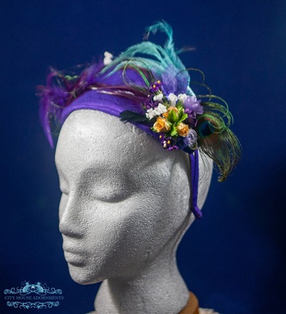 Purple & Gold, Feathered and Flowered Headband