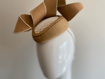 For Sale: Tan felt pillbox with white mesh 