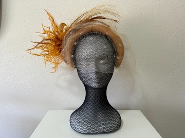 For Sale: Yellow, Cream, Brown Leather and Feather Headpiece