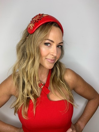 Red leather bandeau with jewelled gold & red 
