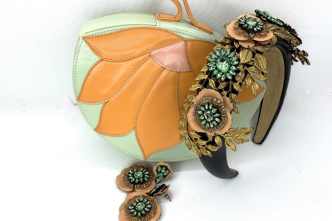 Black, Apricot, Green and Gold Headband with bag 