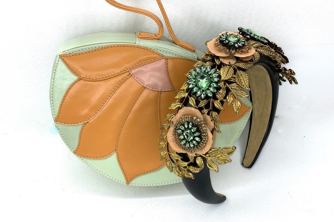 Black, Apricot, Green and Gold Headband with bag 