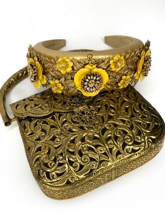Yellow & Gold headband with gold metal bag