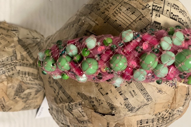 Pink headband with mint green & pink beading wrapped in veil