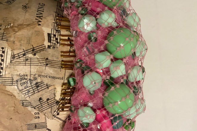 Pink headband with mint green & pink beading wrapped in veil