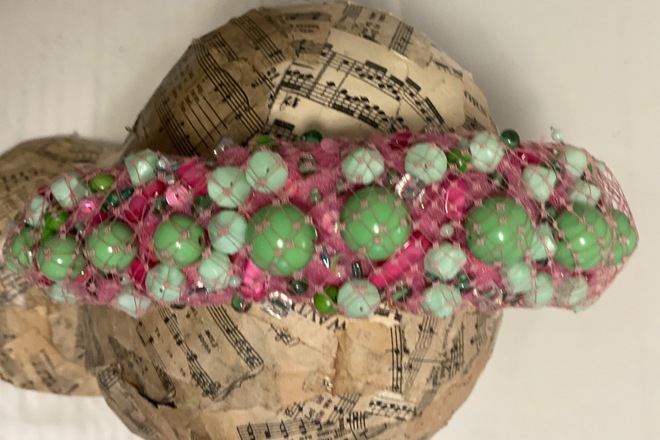 Pink headband with mint green & pink beading wrapped in veil