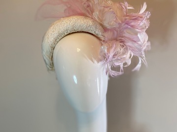 For Sale: White vintage lace and pink feather flower 