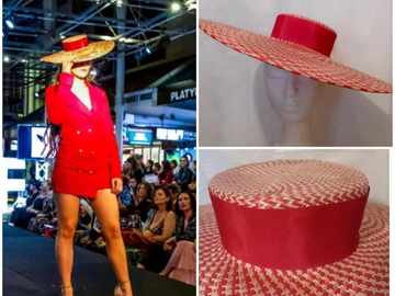 For Sale: Straw big boater red and white hat