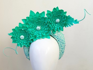 For Sale: Mint Green Sequin Blocked Floral Headband Fascinator - Luna