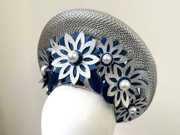 For Sale: Silver & Royal Blue Leather Floral Crown Fascinator - Myla