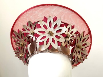 For Sale: Red & Gold Leather Floral Crown Fascinator - Myla