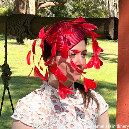 Maya/Red Buntal Straw Skull Cap with Veiled Feather Vine