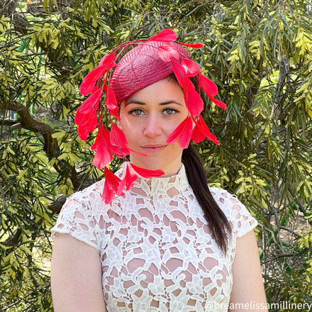 Maya/Red Buntal Straw Skull Cap with Veiled Feather Vine