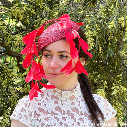 Maya/Red Buntal Straw Skull Cap with Veiled Feather Vine