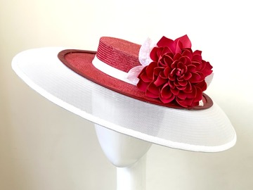 For Sale: Red Brimmed Boater Hat with White Extension - Amani