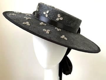 For Sale: Black Brimmed Boater Hat with Silver Trims - Rosalie