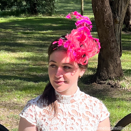 Tulla/Petite Teardrop Velvet Hat with Pink Feather Accents